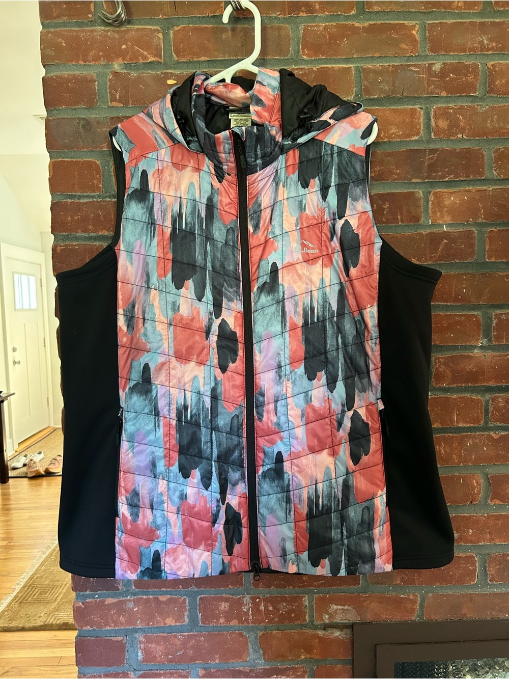 L.L. Bean Quilted Hooded Vest in Coral, Navy & Teal Print